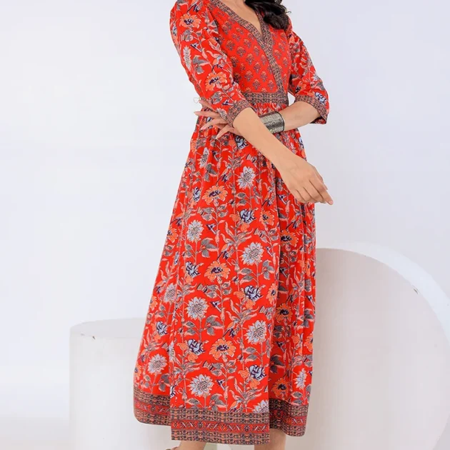 Dark Red Hand Block Printed Long Dress