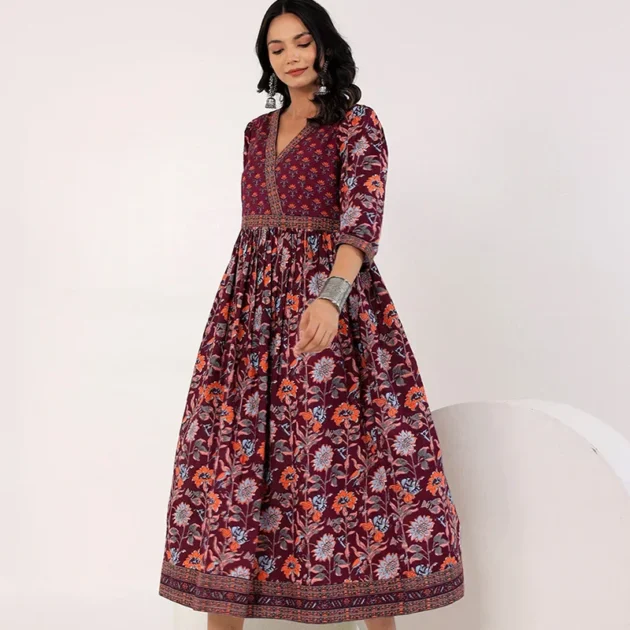Dark Purple Hand Block Printed Long Dress