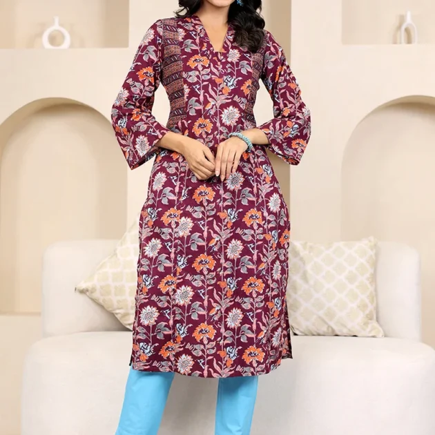 Dark Purple Straight Cotton Kurta with Printed Side Panels