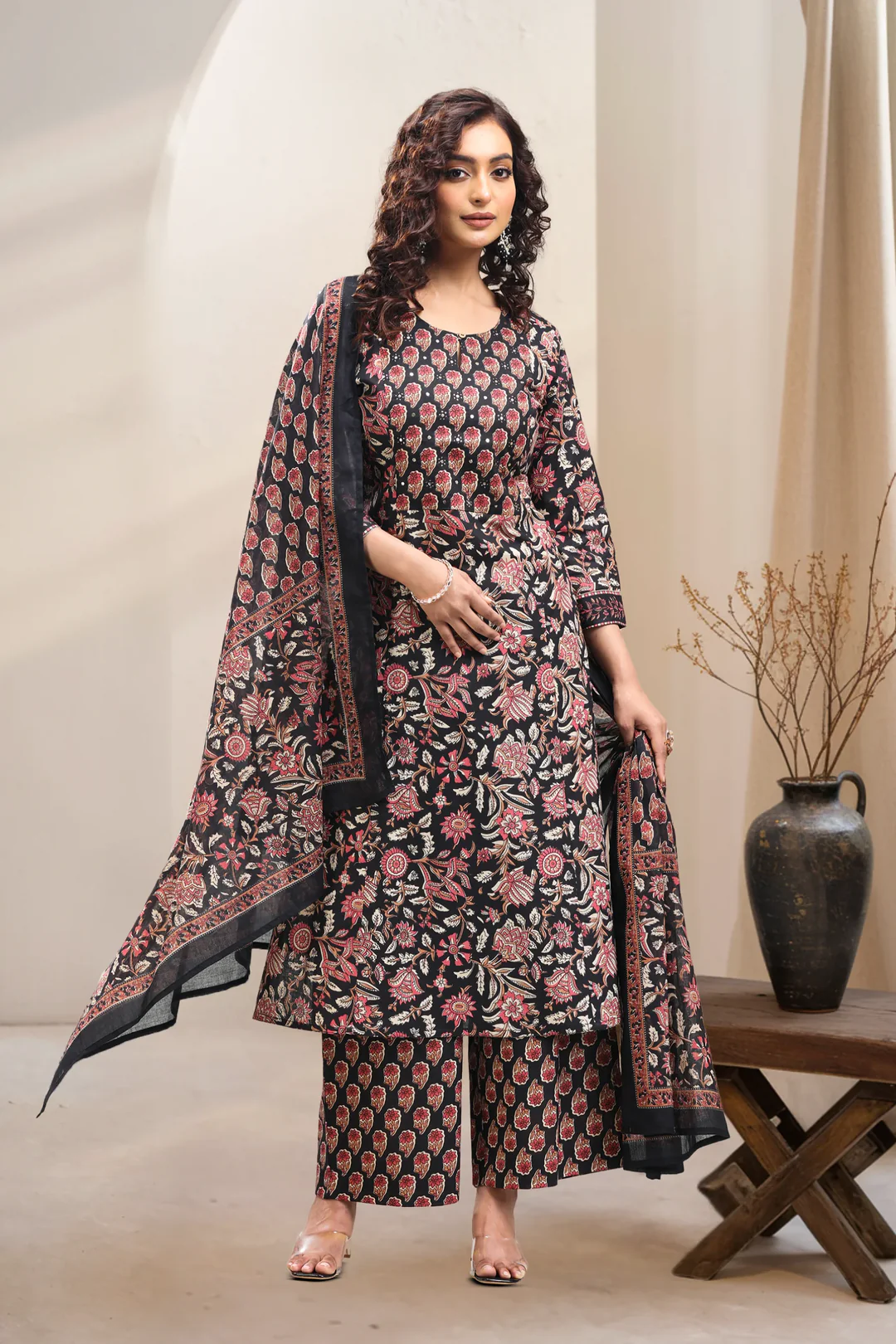 Black Jaipuri Cotton Straight Printed Kurta Pant Suit Set