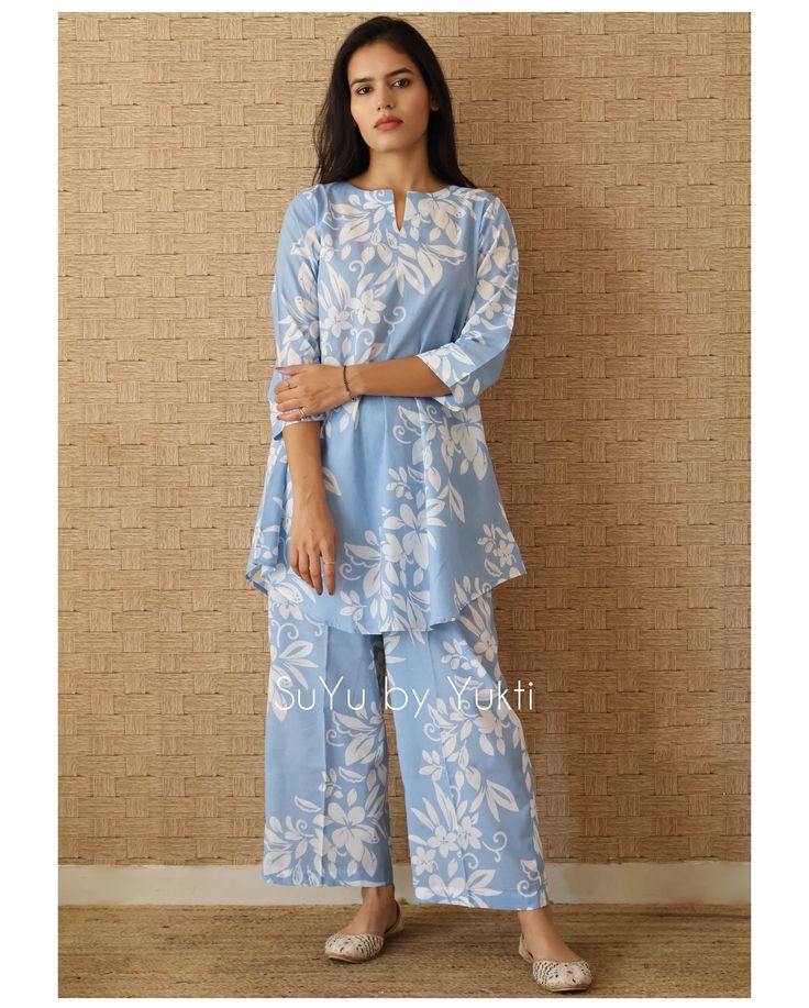 Sky blue Jaipuri Cotton Straight Printed Kurta Pant Suit Set