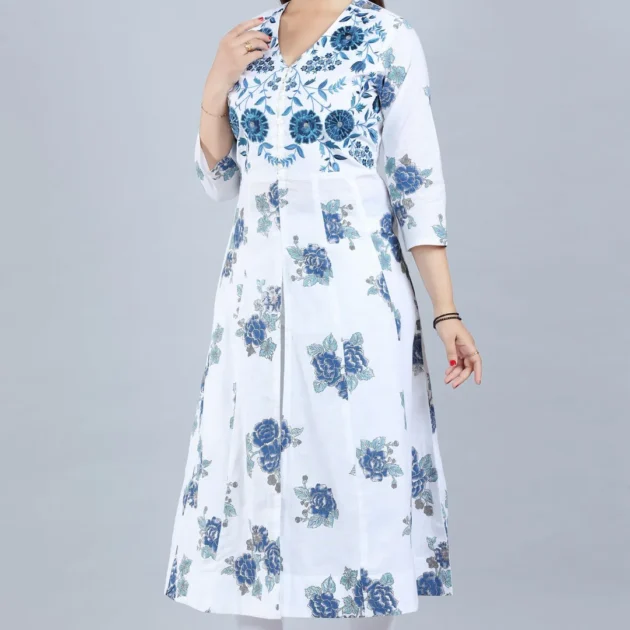 Hanshita Off White Cotton A Line Front Open Kurtis
