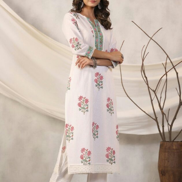 Hanshita Off White Cotton A Line Front Open Kurtis