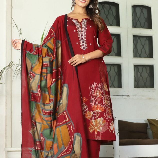 Heavy maslin fabric with handwork three-pc digital printing dupatta set