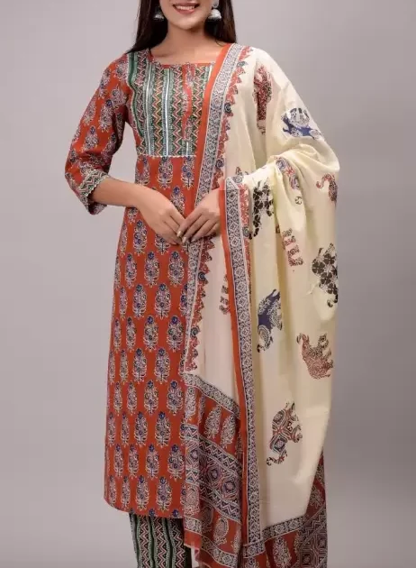 Women’s Cotton Printed Kurta Pant and Dupatta Set