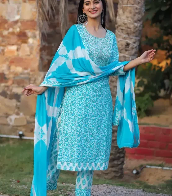 Women's Cotton Printed Embroidery Kurta Pant and Dupatta Set