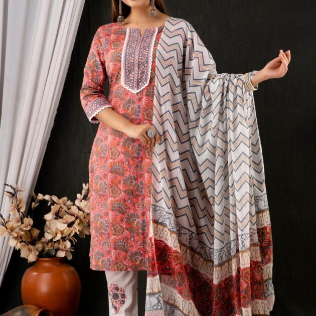 Women’s Cotton Printed Kurta Pant and Dupatta Set
