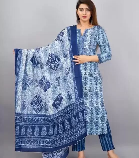 Women’s Cotton Printed Kurta Pant and Dupatta Set