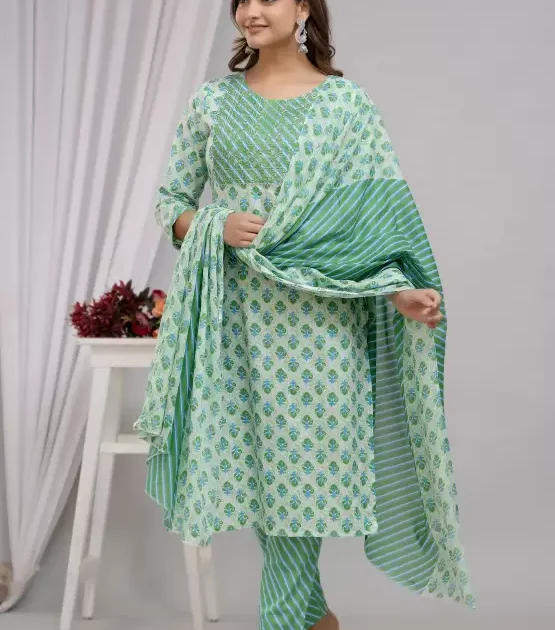 Women's Cotton Printed Kurta Pant and Dupatta Set Fabric: Pure Cotton