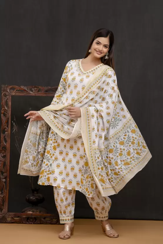 Women’s Cotton Printed Kurta Pant and Dupatta Set