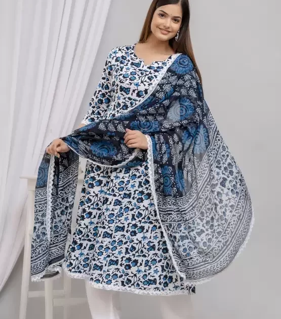 Women’s Rayon Printed Anarkali Kurta Pant and Dupatta Set