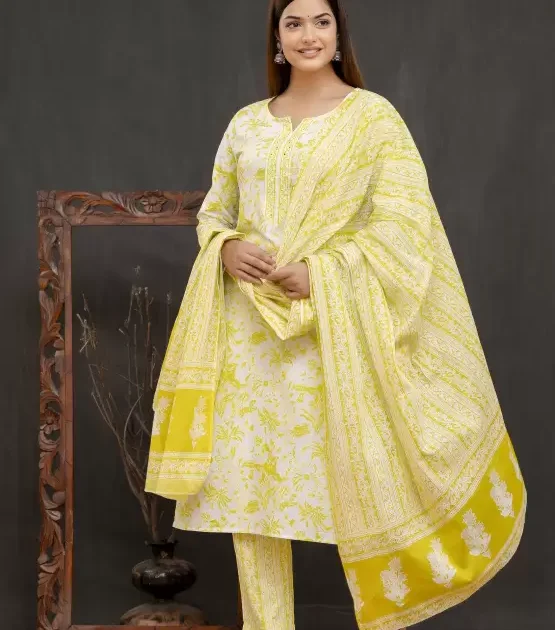 Women’s Cotton Printed Kurta Pant and Dupatta Set