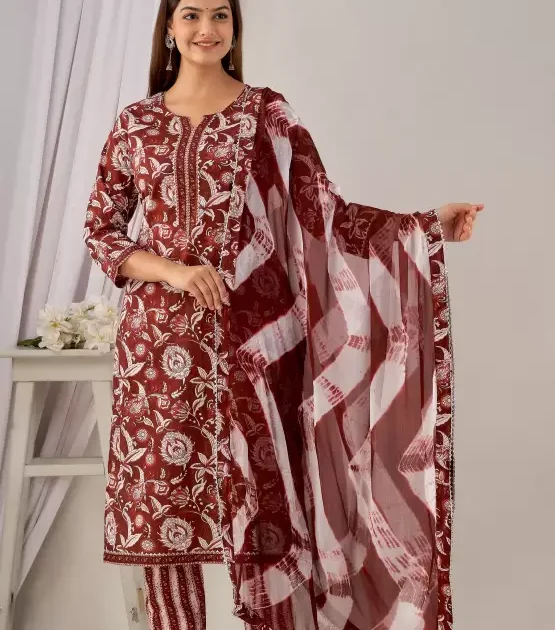 Women’s Cotton Printed Kurta Pant and Dupatta Set