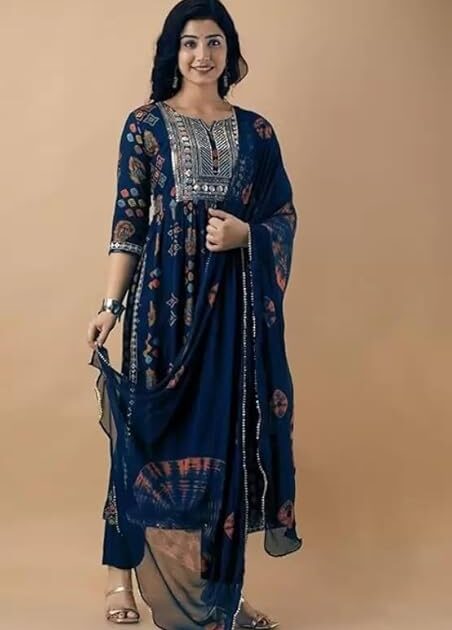 Women’s Rayon Nayra Cut Embroidery Kurta Pant and Dupatta