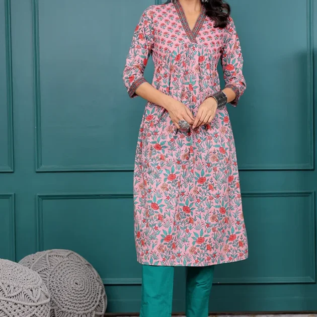 Light Pink Floral Printed V Neck Kurta