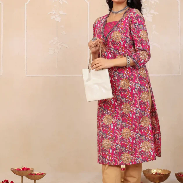 Dark Pink Floral Printed Kurta