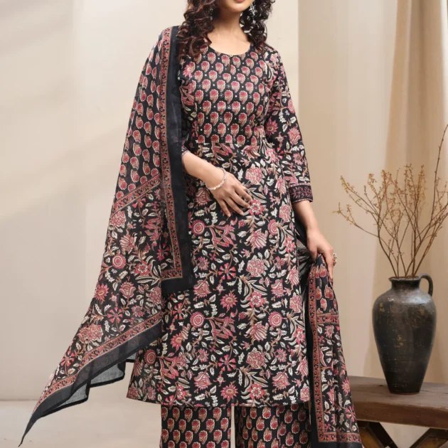 Black Jaipuri Cotton Straight Printed Kurta Pant Suit Set