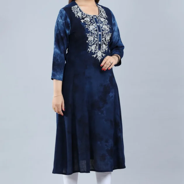 Navy Blue Rayon A Line Embroidered Kurta
