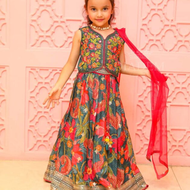 Dark Green Floral Printed Lehenga