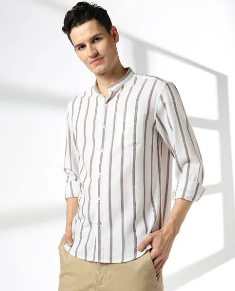 Men 06 Striped Regular Fit Shirt with Patch Pocket For Men (Khaki, 46)
